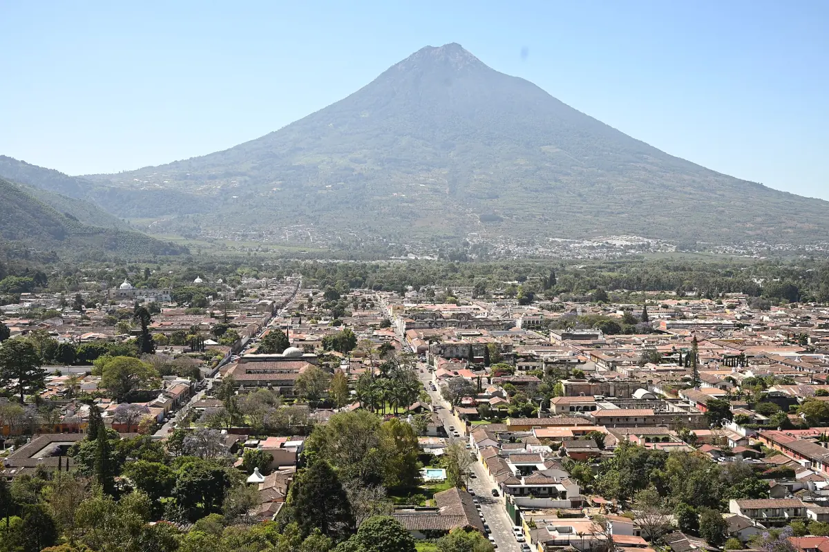 Antigua's grid of streets below Volcán de Agua