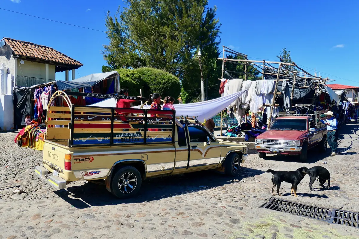 Market stalls and trucks on market day in Chichicastenango