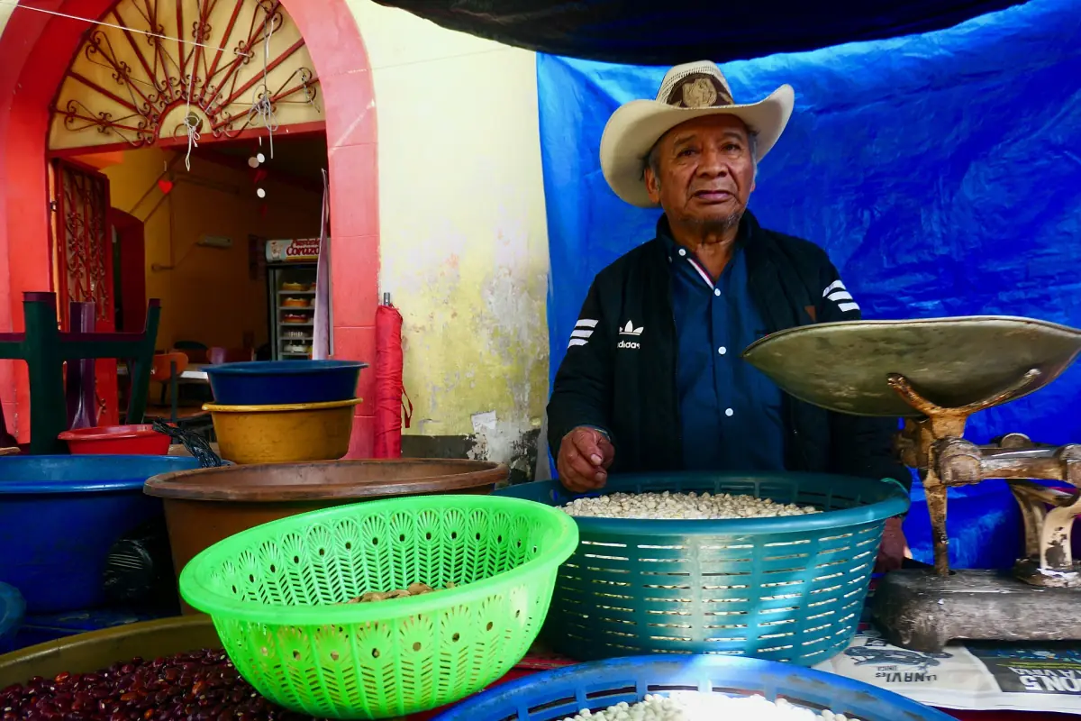 A vendor with baskets at the Chichicastenango market