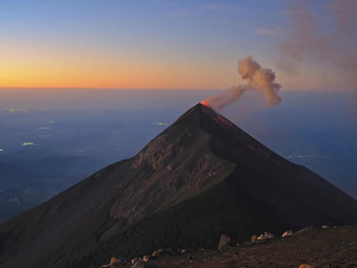 Sunrise over Volcán de Fuego seen from the summit of Acatenango